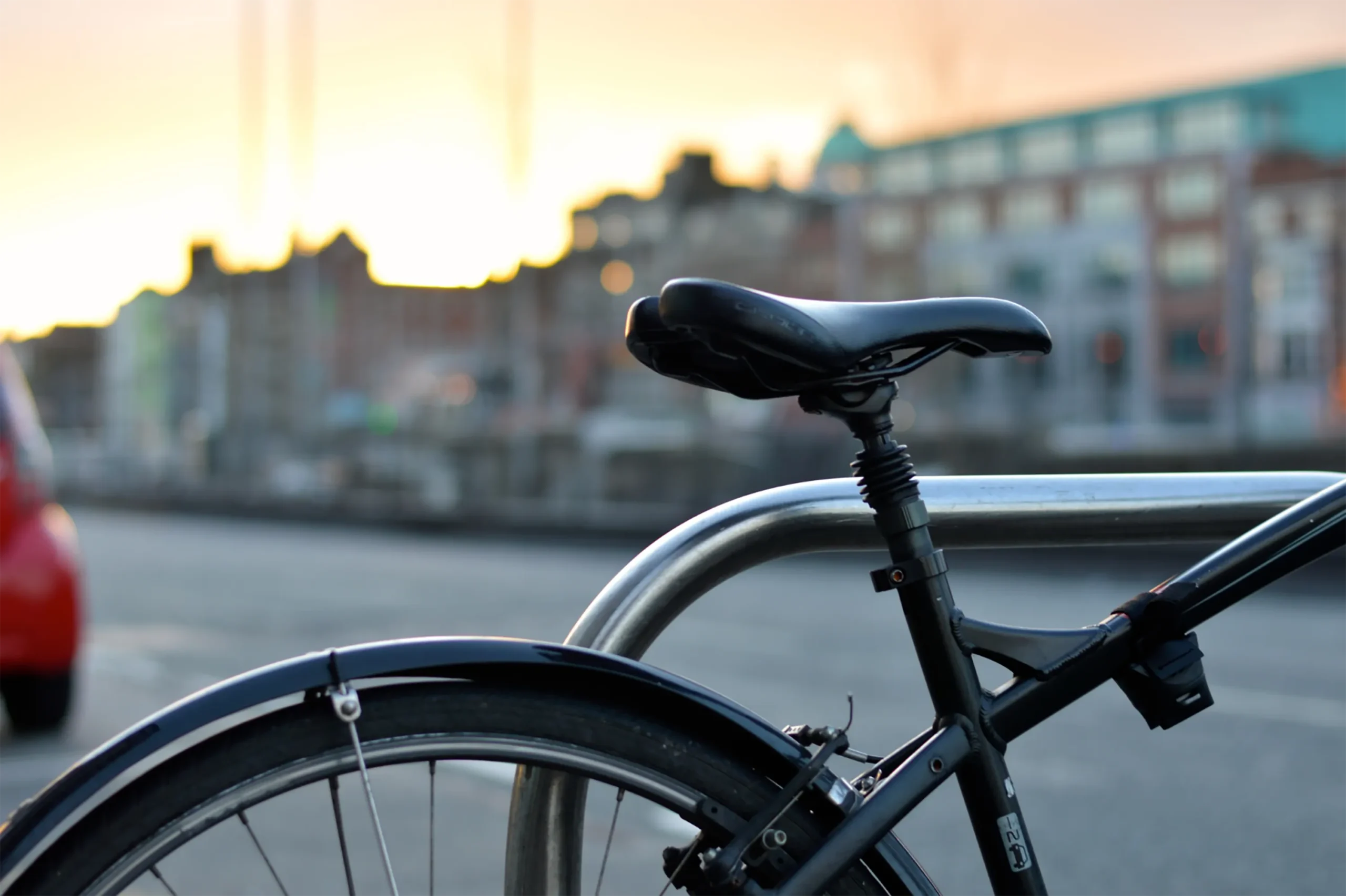 Bicycle in front of an urban streetscape